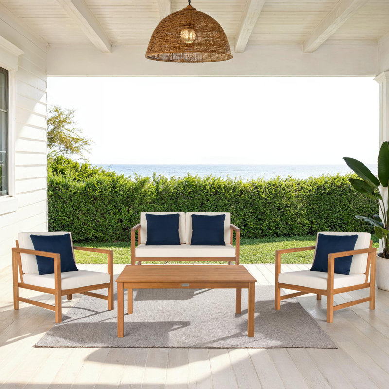 Ensemble de conversation pour 4 personnes Nidhi Eucalyptus, Structure en bois naturel / coussin beige