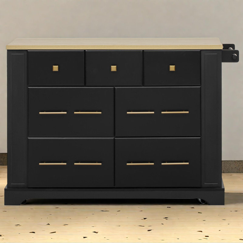 Kitchen Island with Drawers, Pull Out Trash Storage, Rolling Island with Leaf, Black