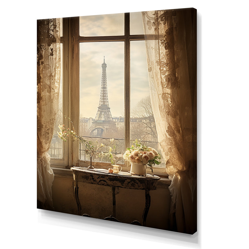 «Rustic Eiffel Tower Paris Window View I - City Paris», art mural, H 32 po x l 16 po x P 1 po, Toile tendue