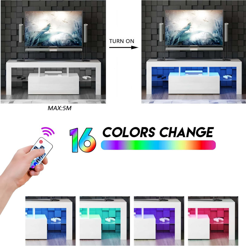 Meuble télé à DEL pour téléviseur avec porte rabattable et tablette en verre