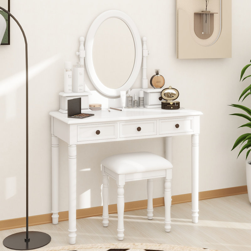 Vanity Desk With Adjustable Angle Mirror, Vintage Vanity Makeup Table And Cushioned Stool Set With Velvet Fabric Lining 5 Drawers,Wooden Dressing Table Set For Bedroom, White