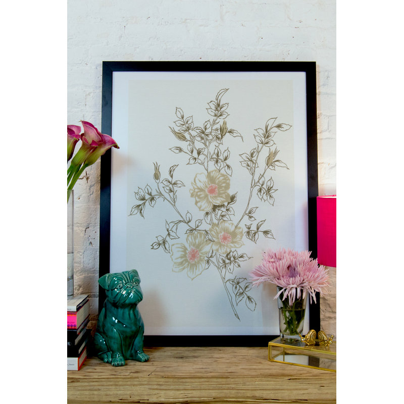 « flowers on white ii », reproduction d’art graphique encadrée, Toile avec cadre or, H 26 po x l 18 po x 1,5 po