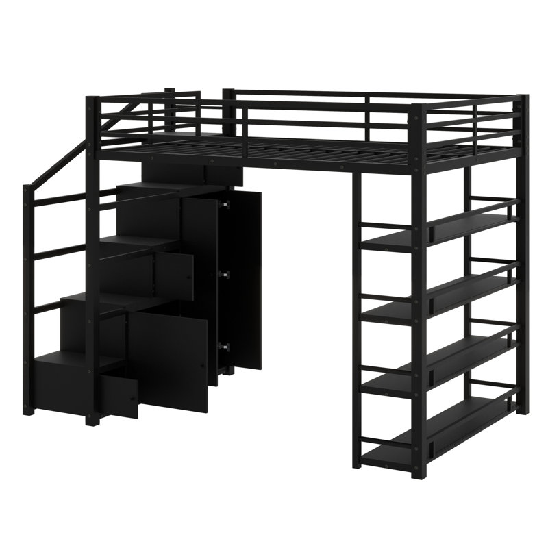 Lit mezzanine pratique en métal avec tablettes de rangement, armoire et garde-robe