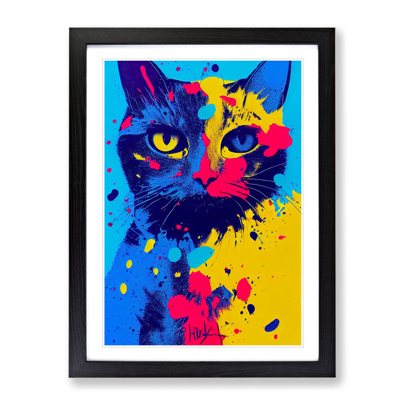 Paint Splat Cat No.1 - Single Picture Frame Print, 64cm H x 46cm W x 2cm D, Black