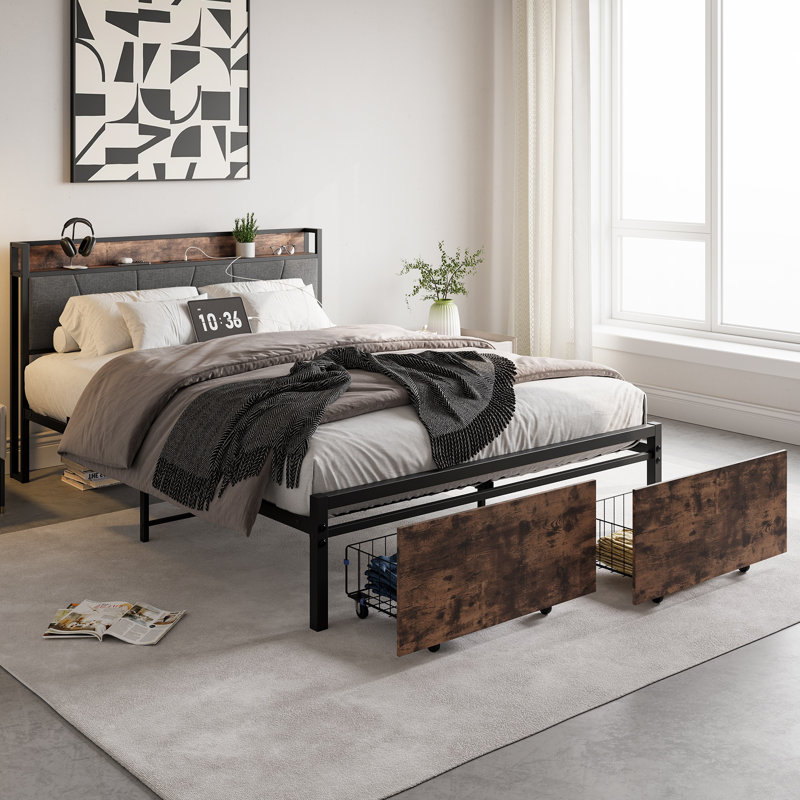 Lit plateforme avec rangement Ruoxi, Grand, Brun