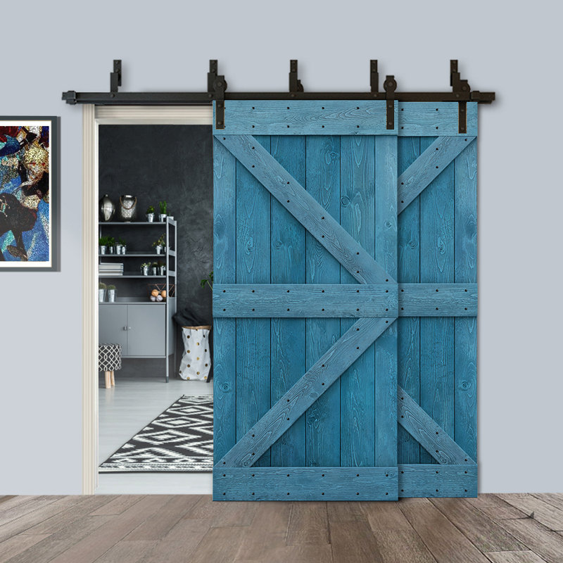 Porte de grange à panneaux et en bois avec quincaillerie d'installation, 38 po x 84 po, Marine, Noir mat