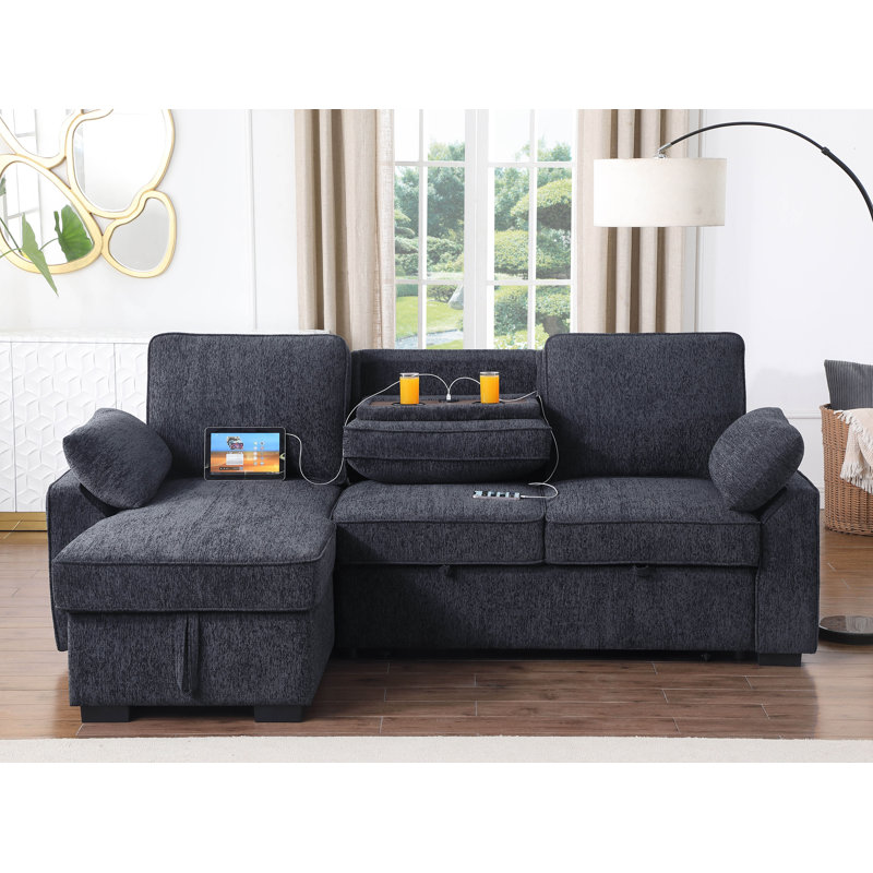 Canapé d'angle convertible réversible Mackenzie 91 po (231 cm) en chenille anthracite avec méridienne de rangement, 3 pièces