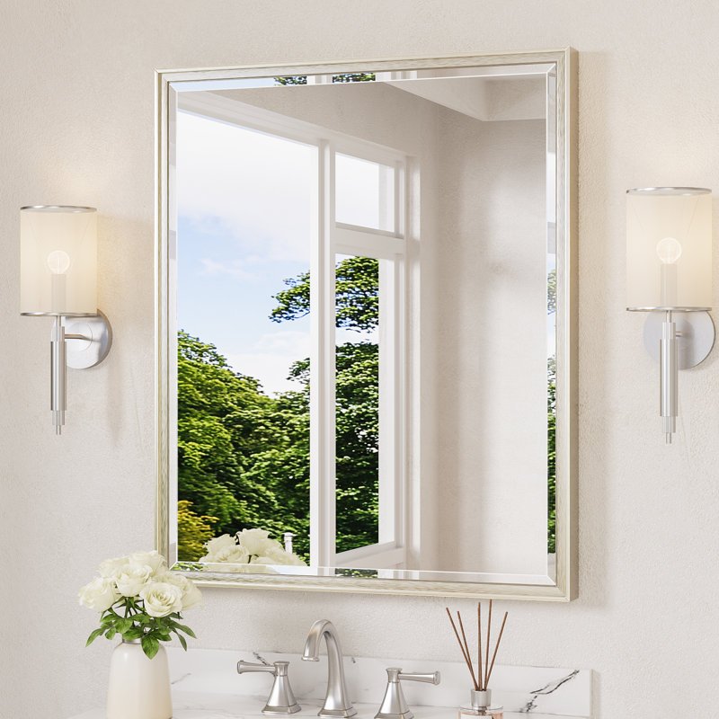Rectangle Beveled Bathroom Accent Vanity Mirror with Aluminum Frame Tempered Glass , Brushed Nickel, 30" x 36"