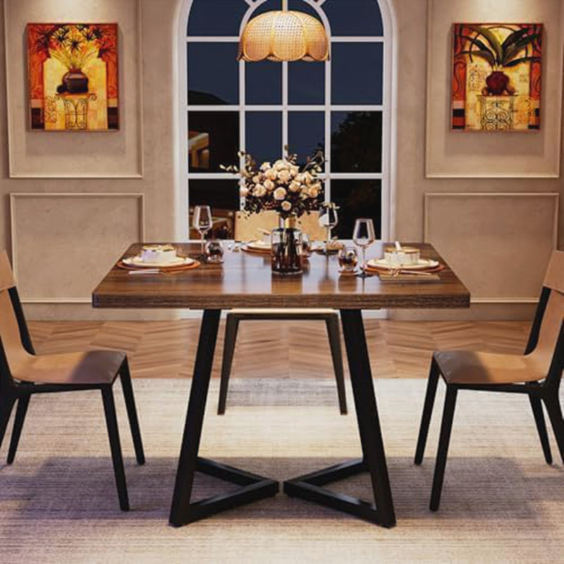 31.5" Square Dining Table for 2-4, Rustic Brown Industrial Kitchen Table with Black Metal Frame, Small Space Dining Room Table for Apartment, Breakfast Nook or Office (Table only)