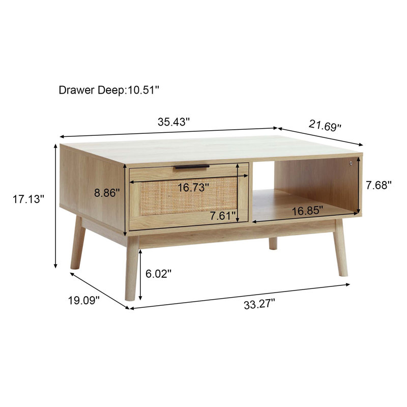 White Oak Finish Rectangular Wood Coffee Table with Storage