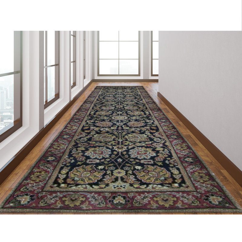 Tapis de couloir noir et rouge de haute qualité noué à la main