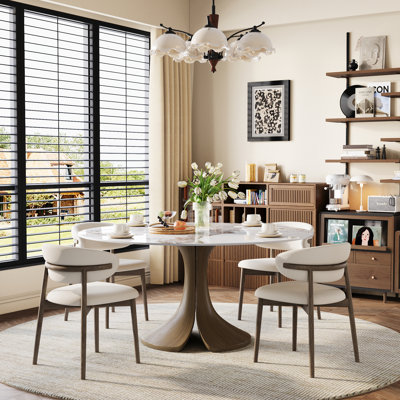 Trinity Bloom 5 Pcs Round Dining Table Set With Upholstered Chairs | Sintered Stone Travertine Top & Sculptural Wood Base