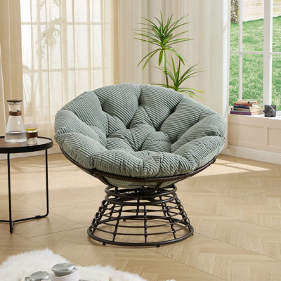 Fauteuil Papasan ergonomique et confortable, fauteuil pivotant à 360 ° pour l'intérieur et l'extérieur avec coussin épais et doux, idéal pour le salon, la chambre à coucher, la salle de lecture, structure brune avec coussin vert clair