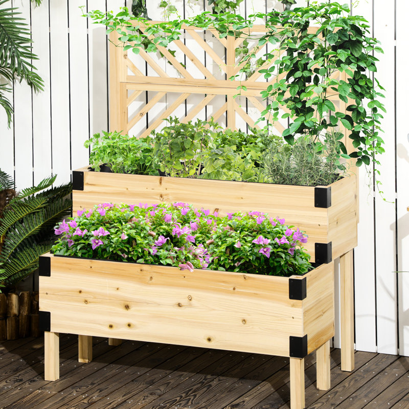 Lit de jardin surélevé à 2 niveaux avec treillis, jardinière surélevée en bois pour herbes, P 42,5 po x H 25,5 po, niveau naturel 42,5 po x 25,5 po x 55 po