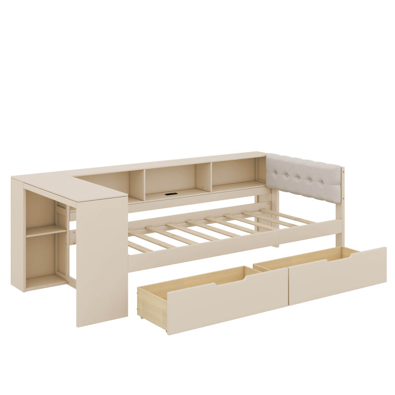 Lit plateforme avec tiroirs, tablettes de rangement, station de charge et tête de lit tapissier, Lit simple, Crème, crème