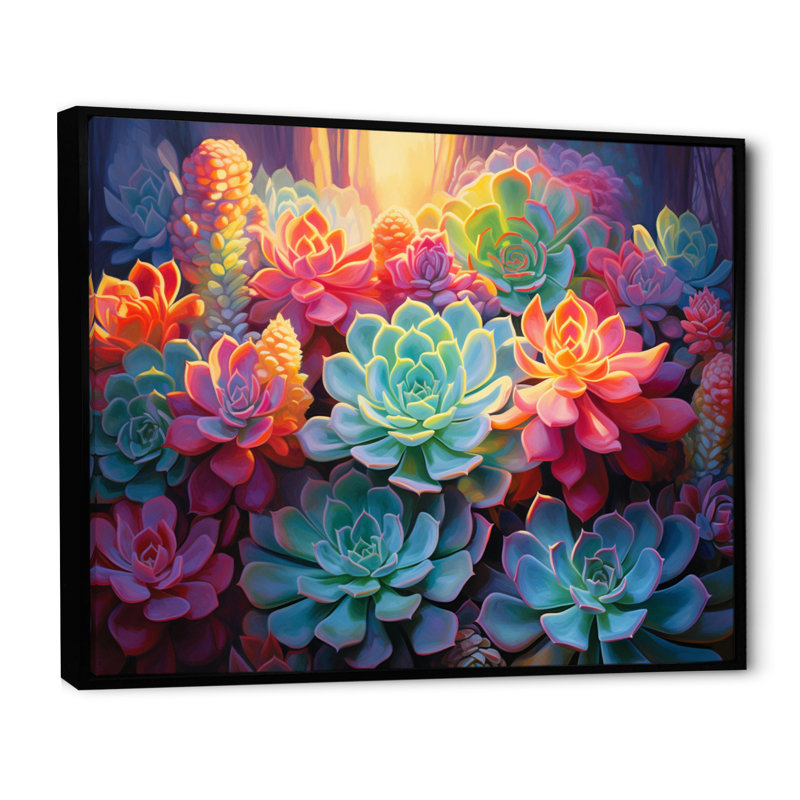 Plantes grasses colorées, crépuscule - impressions murales florales, Cadre flottant noir, H 24 po x l 32 po x P 1 po