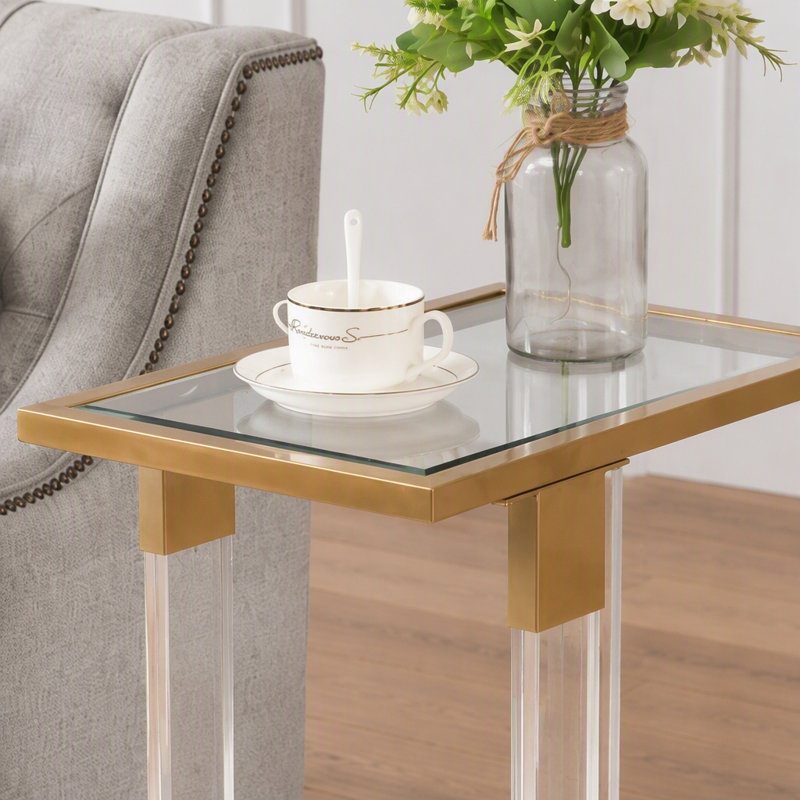 Table d'appoint dorée, table de canapé en acrylique, table carrée en C avec plateau en verre et base en métal pour le salon, la chambre à coucher, le balcon, la maison et le bureau