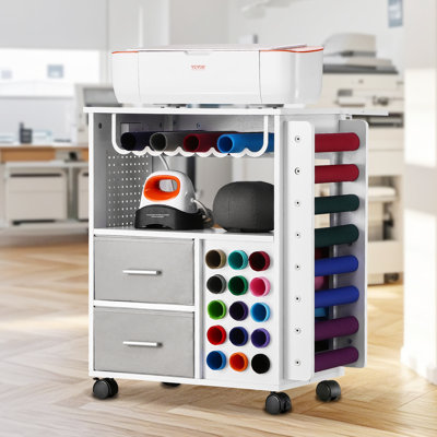 Rolling Craft Cart and Storage Table with 15 Vinyl Roll Holders 2 Drawers White