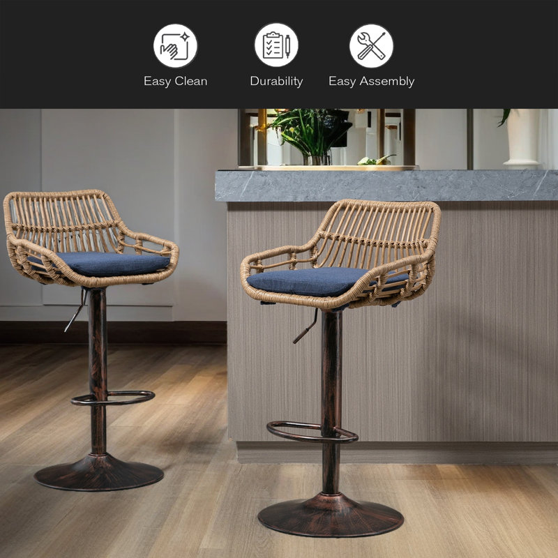 Ensemble de 2 tabourets de bar modernes pivotants avec repose-pieds réglables pour la cuisine et la salle à manger, Lin bleu