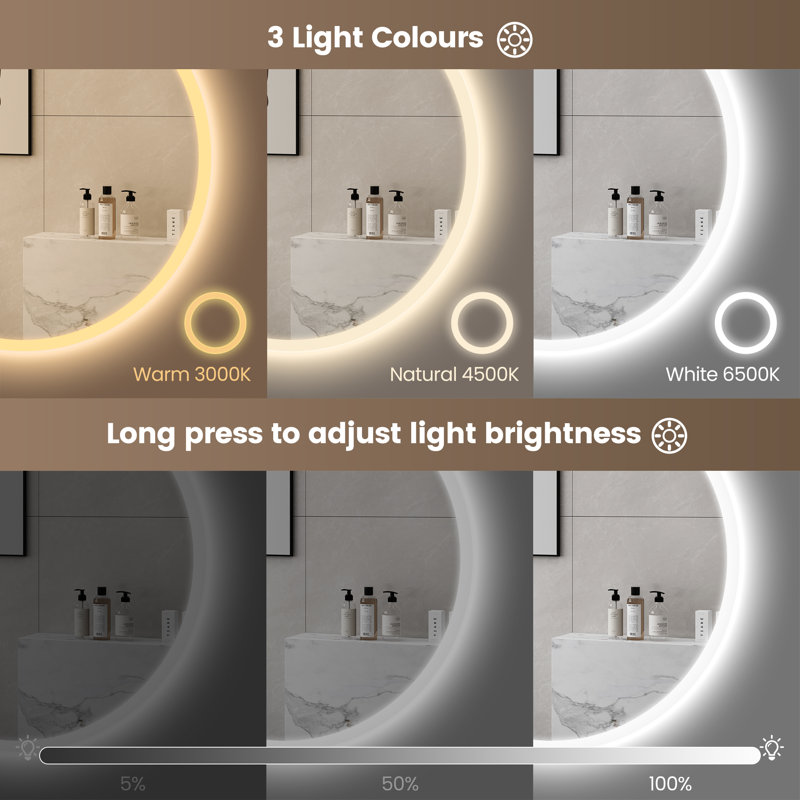 Epperly LED Round Bathroom Mirror with Bluetooth Dimmable Brightness Anti-fog Function, 32" x 32"