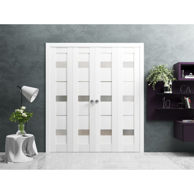 Sliding Closet Double Bi-fold Doors 96" x 84" (4* 24x84) Quadro 4055 White Silk with Frosted Glass Sturdy Tracks Moldings Trims Hardware Set Wood Solid Bedroom Wardrobe Doors