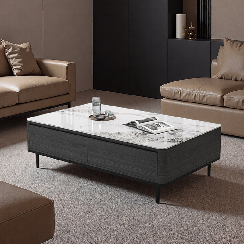 Luxury-Style Rectangular Granite Slab Coffee Table, White/Gray, 16.5" H x 47.2" L x 23.6" W