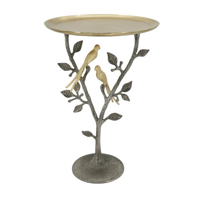 Elegant 24-Inch Metal Dual Bird Side Table - Decorative Round Gold Tray Top with Gunmetal Branch & Leaf Pedestal