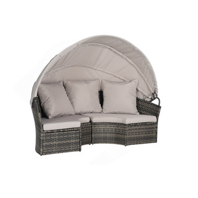 5 Pieces Outdoor Patio Round Daybed Furniture,Wicker Conversation Set With Retractable Canopy, Soft Cushions, And Storable Table For Leisure In Porch Backyard