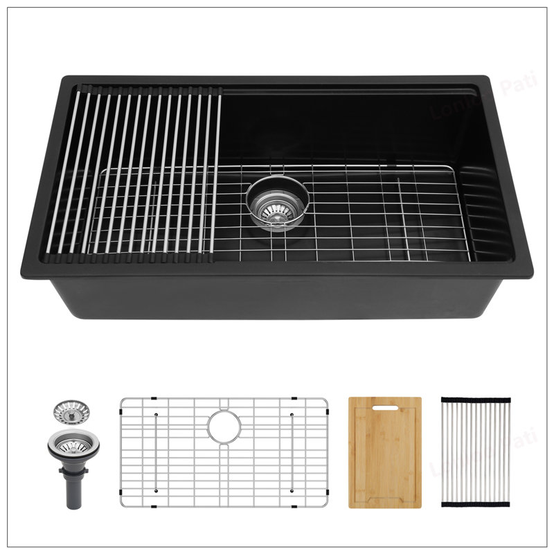 Durable Black Granite Composite Workstation Undermount Kitchen Sink with Noise Reduction and Easy Clean Design, Black