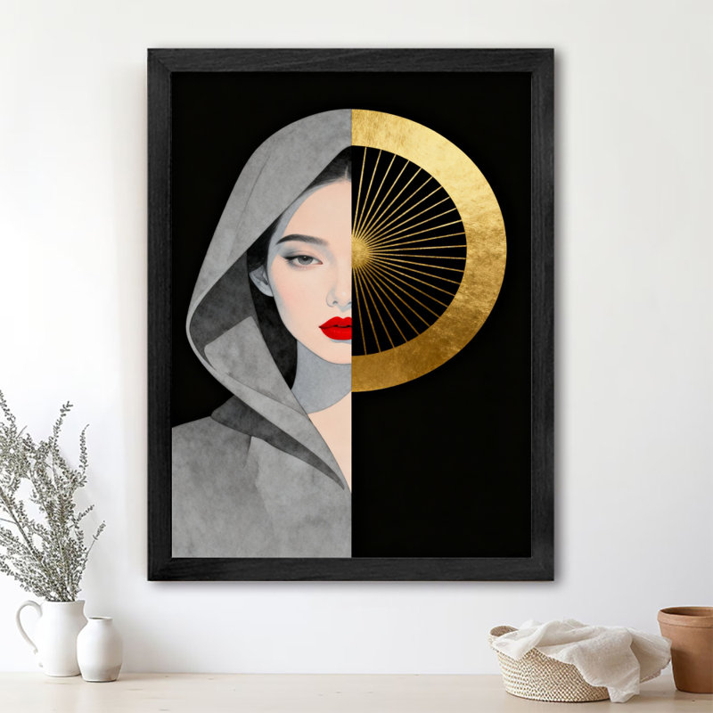 Comparaison rétro encadrée noire entre objets moitié-visage et demi-cercle, art rétro, H 11 po x l 9 po