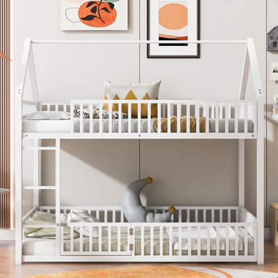 Metal Twin over Twin House Bunk Bed with Fence & Door, Space-Saving Design
