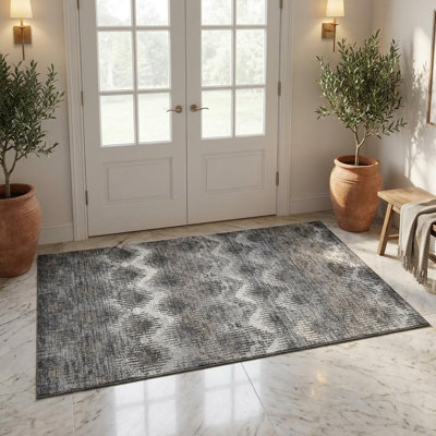 Tapis lavable délavé graphite ivoire et beige 3 pi x 5 pi avec protection UV