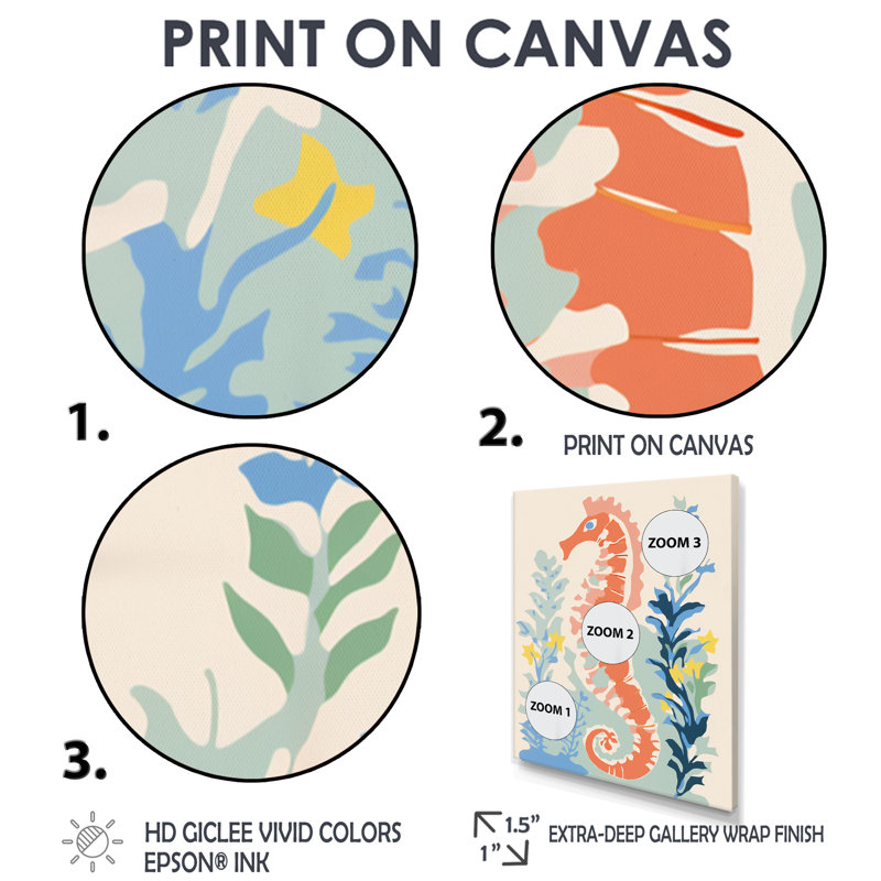 Orange orange profond, hippocampe, Illustration rétro - Hippocampe, art mural, H 20 po x l 12 po x P 1 po, Toile tendue