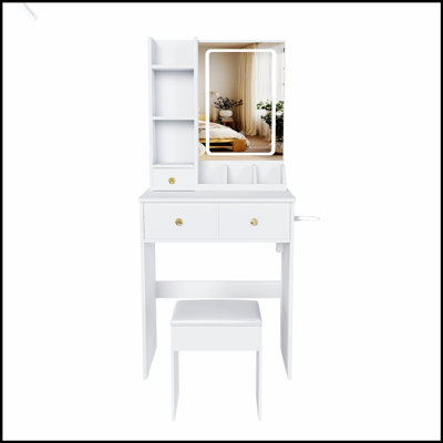 Modern Small Vanity Desk with 3 LED Modes, Adjustable Brightness, 3 Drawers, Open Shelves, Hair Dryer Holder, and Dressing Chair