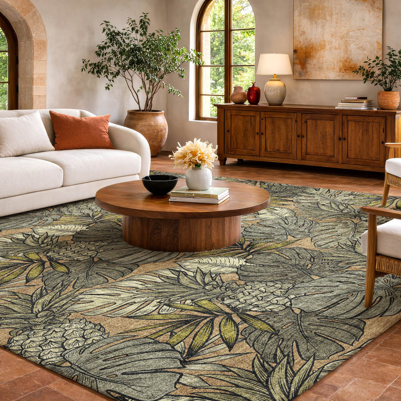 Premium Machine Washable Dream Shag ADS206 Leaves and Pineapples Rug, 5' x 7'6"