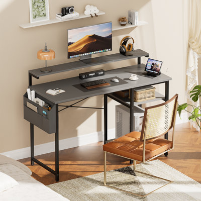 Bureau d'ordinateur de 40 po avec lumière DEL, table de bureau avec support pour moniteur pour la maison / bureau, bureau d'angle avec grand sac de rangement et tablette de rangement à hauteur réglable, télétravailleur, gris