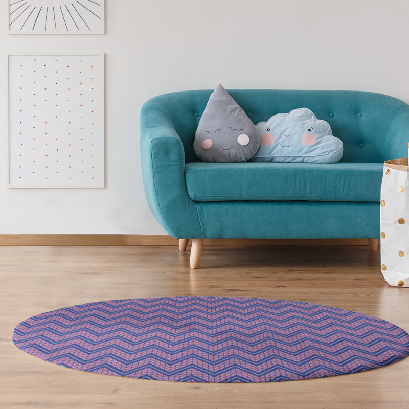 Tapis rose/bleu à chevrons à la main, Rond 5 pi