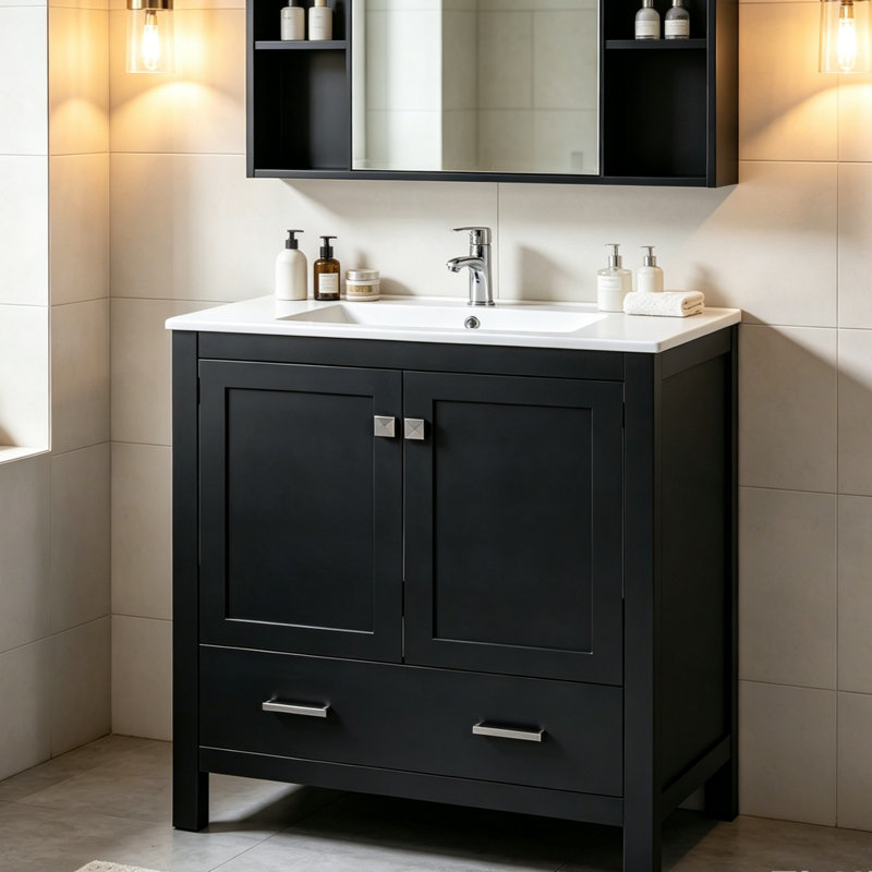 Ce meuble-lavabo comprend des portes de rangement solides à fermeture en douceur et un lavabo en céramique encastré pour une meilleure utilisation et une meilleure apparence de la salle de bain