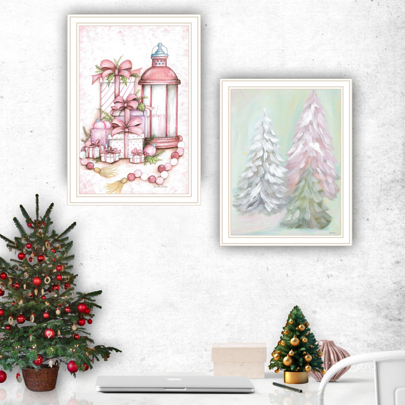 Créez une ambiance élégante avec l'art mural: 2 arbres de Noël Pink Candy Land, cadre blanc, bois massif et papier, pour enrichir la décoration de votre salon: