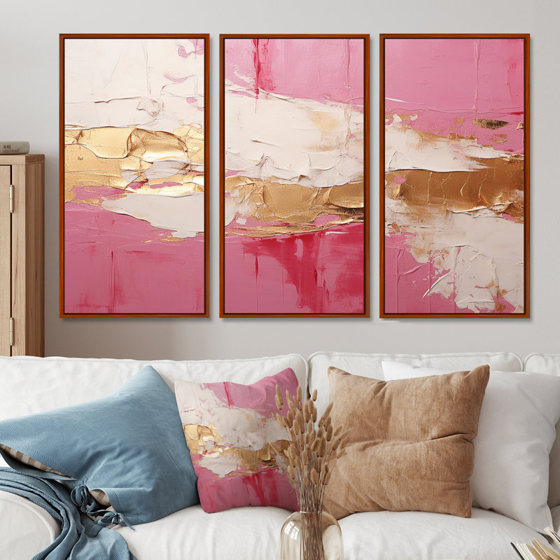 Minimalisme, rose et doré, horizon I - ensemble d'art mural abstrait, H 28 po x l 36 po x P 1 po, Cadre flottant brun