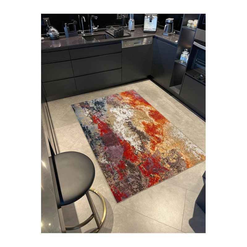 Red Creative Pastel Painted Decorative Washable Carpet With Woven Base, Rectangle 3'4" x 6'7"
