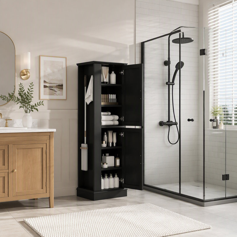 Armoire de rangement autoportante de 68 po de hauteur pour salle de bain, armoire de rangement en panneau de fibres à densité moyenne avec crochets latéraux et tablettes réglables, armoire de rangement pour salle de bain, salle de lavage