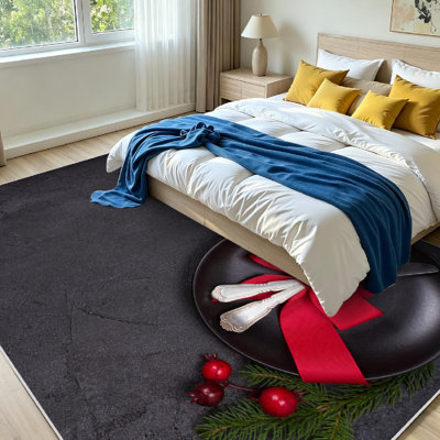 Tapis intérieur rouge lavable à la machine, motif table de Noël avec assiette