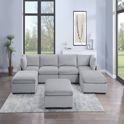 Ensemble de canapé modulaire en velours côtelé 7 pièces 2 pièces Coin de coin 2 chaises sans accoudoirs 3 x repose-pieds