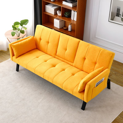 70'' Linen Futon Sofa Bed,Modern Convertible Folding Futon Couch With 2 Cup Holders And Side Storage