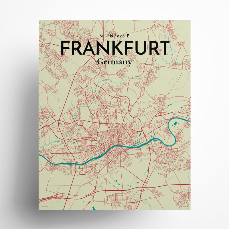 Frankfurt City Map In Tricolour - No Frame Print, 20cm H x 16cm W x 0.05cm D
