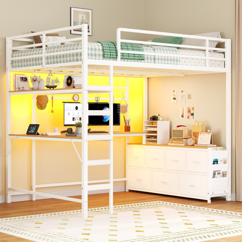 Full-size Loft Bed With U-shaped Desk, 7 Storage Drawers And Charging Station, Metal Full-size Loft Bed With Led Light And 2-tier Storage Shelves, Upper Bunk With Safety Rails And Ladder, White