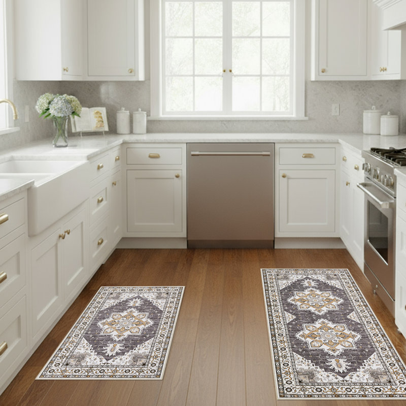 Laura Ashley Florence Imagine Printed Chenille Machine Washable 2-Piece Rug Set, 2'2" x 5' and 2'2" × 3'9", Taupe