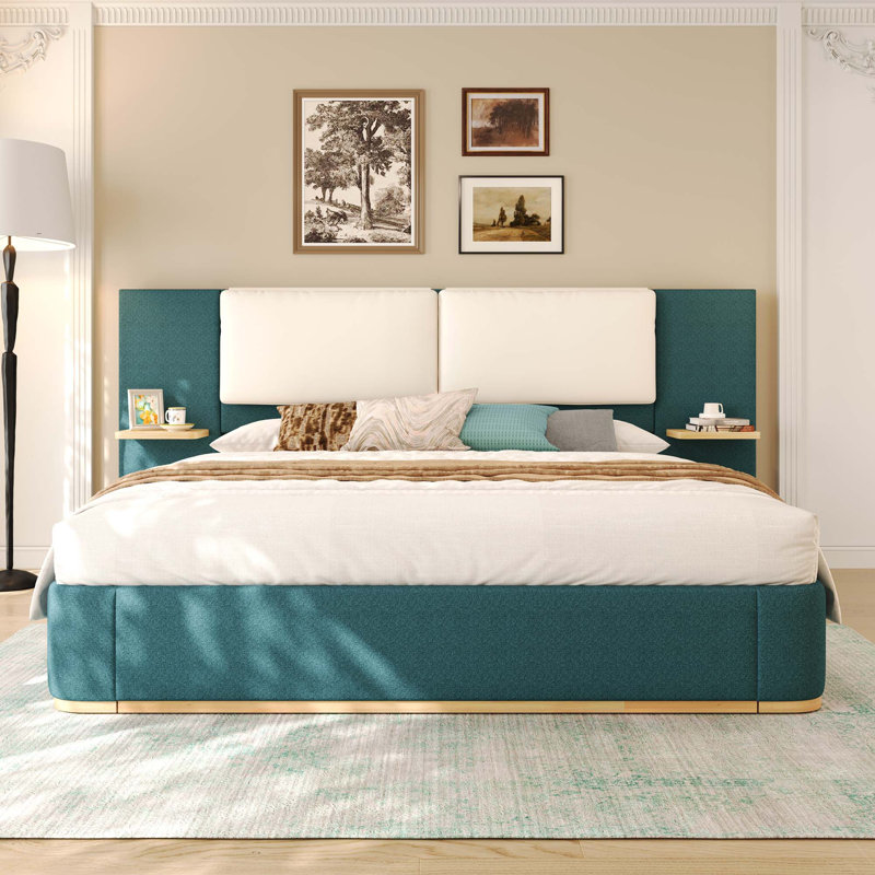 Lit plateforme rembourré Queen Size avec panneau, cadre de lit plateforme avec coins arrondis anticollision, stable et solide, aucun sommier requis, montage facile