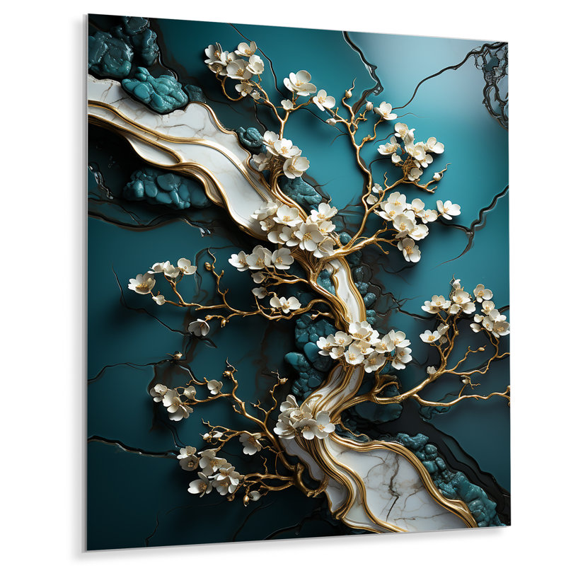 Or et émeraude antique Bonsai III - art abstrait en marbre d'arbre en métal, H 32 po x l 24 po x P 1 po